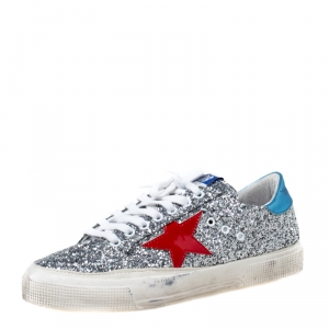Golden Goose Metallic Silver Coarse Glitter Superstar Lace Up Sneakers Size 39