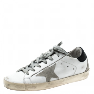 Golden Goose White/Silver Leather and Suede Superstar Lace Up Sneakers Size 36