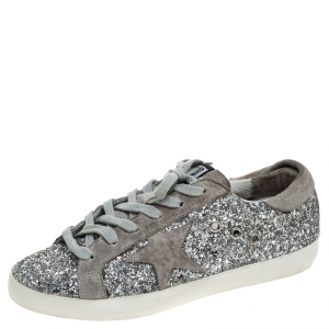 Pre Owned Golden Goose Grey/Silver Suede And Glitter Fabric Superstar Lace Up Sneakers Size 37
