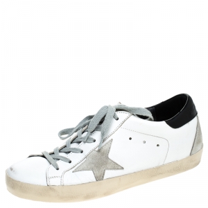 Pre Owned Golden Goose White/Silver Leather and Suede Superstar Lace Up Sneakers Size 39