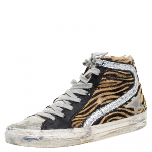 Golden Goose Multicolor Leather And Zebra Print Pony Hair High Top Sneakers Size 36