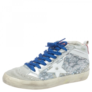 Pre Owned Golden Goose Grey/Silver Sequins Suede Leather Mid Star High Top Sneakers Size 36