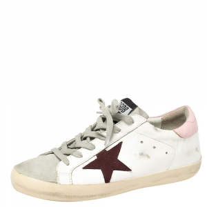Pre Owned Golden Goose White Leather And Suede Star Superstar Lace Up Sneakers Size 39
