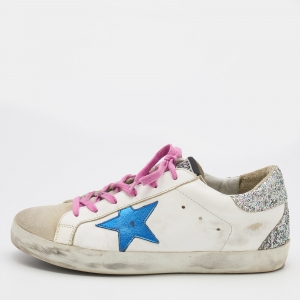 Golden Goose White/Grey Leather And Suede Super Star Low Top Sneakers Size 39