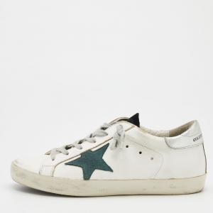 Golden Goose White/Green Leather and Suede Super Star Sneakers Size 39