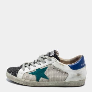 Pre Owned Golden Goose Tricolor Leather, Coarse Glitter and Mesh Super Star Sneakers Size 37