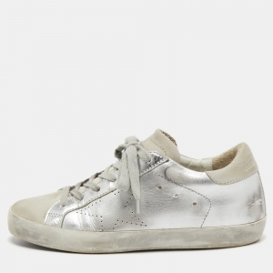 Golden Goose Silver/White Leather and Suede Superstar Sneakers Size 36