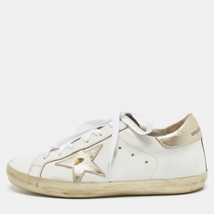 Pre Owned Golden Goose White/Gold Leather Superstar Sneakers Size 38
