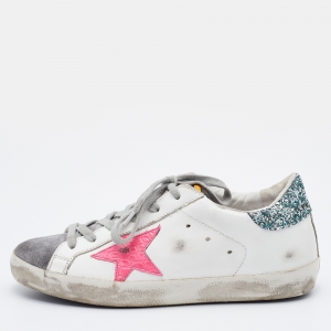 Golden Goose White/Grey Leather and Suede Super Star Low Top Sneakers Size 37
