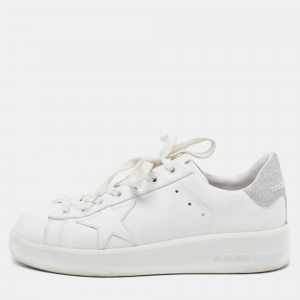 Golden Goose White/Silver Leather and Glitter Purestar Sneakers Size 36