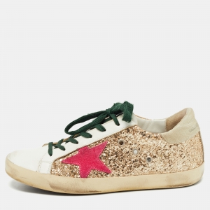 Pre Owned Golden Goose White/Gold Coarse Glitter and Leather Hi Star Sneakers Size 39