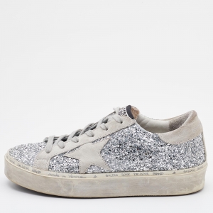 Golden Goose Silver/Grey Glitter and Suede Hi Star Low-Top Sneakers Size 37