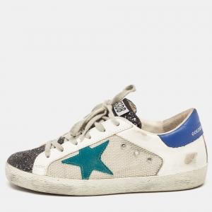 Pre Owned Golden Goose Tricolor Leather, Coarse Glitter and Mesh Superstar Sneakers Size 36