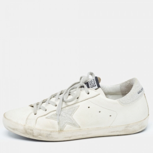 Golden Goose White/Silver Glitter and Leather Superstar Sneakers Size 39