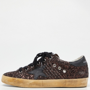Pre Owned Golden Goose Black/Brown Glitter and Leather Superstar Low Top Sneakers Size 38