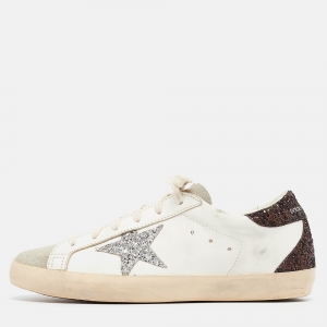 Pre Owned Golden Goose Tricolor Leather and Glitter Superstar Sneakers Size 40