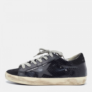Pre Owned Golden Goose Black Suede and Python Embossed Leather Hi Star Low Top Sneakers Size 36