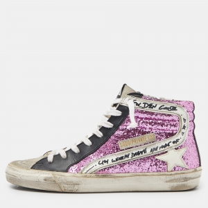 Pre Owned Golden Goose Multicolor Leather,Suede and Coarse Glitter Miami High Top Sneakers Size 38
