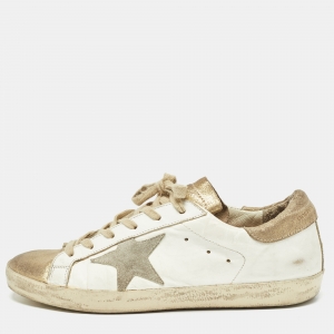 Pre Owned Golden Goose White/Gold Leather Superstar Sneakers Size 39