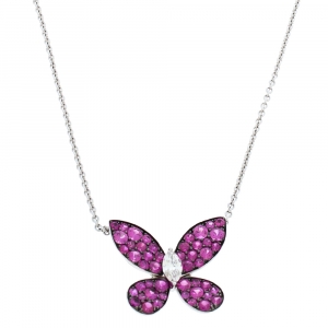 Graff Butterfly Pink Sapphire Diamond 18K White Gold Pendant Necklace