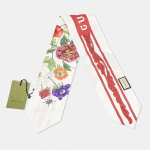 Pre Owned Gucci White Flora Ponty Printed Silk Maxi Bandeau Scarf