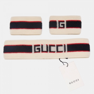 Gucci Beige Logo Stripe Sports Headband & Wristbands Set M