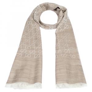 مملوكة مسبقًا Gucci Cream & Beige Wool and Silk Blend Fringed Stole
