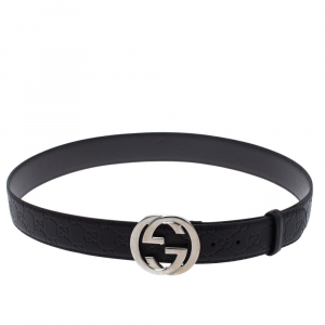 Pre Owned Gucci Black Guccissima Leather Interlocking G Buckle Belt 90CM