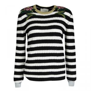 Gucci Monochrome Striped Floral Embroidered Cashmere and Wool Sweater L