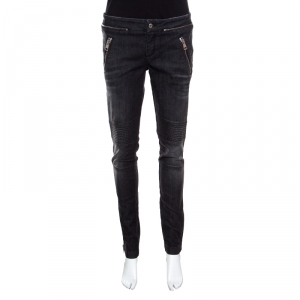 Pre Owned Gucci Dark Grey Faded Effect Denim Distressed Zip Detail Skinny Biker Jeans M