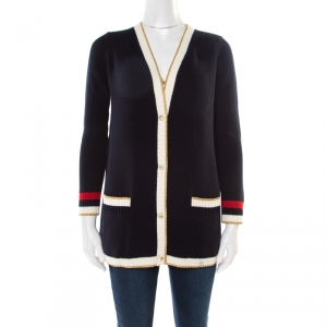 Pre Owned Gucci Navy Blue Web Trim Hanging Monkey Embroidered Embellished Cardigan S