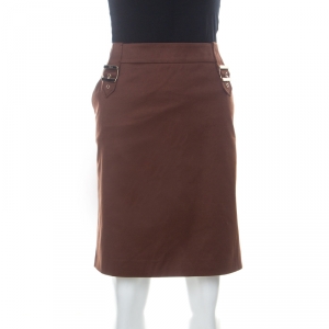 Pre Owned Gucci Brown Stretch Cotton Gold Buckle Detail Pencil Skirt L