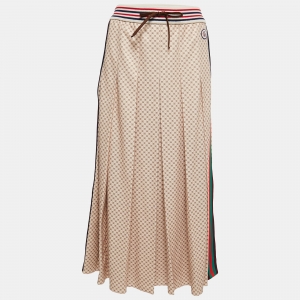 Gucci Beige GG Monogram Jersey Pleated Maxi Skirt L