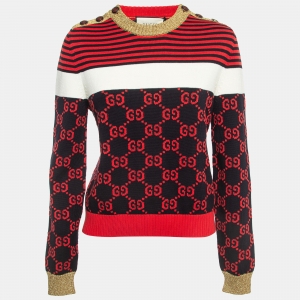 Pre Owned Gucci Red/Black GG Monogram Patterned Knit Sweater L