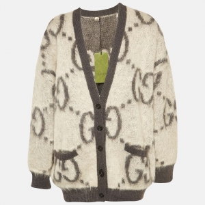 Pre Owned Gucci White/Grey GG Intarsia Mohair Reversible Cardigan M