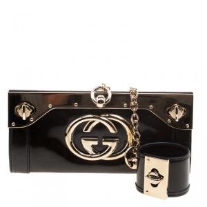 Pre Owned Gucci Dark Green Shimmer Patent Leather Starlight Clutch