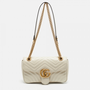 Gucci Off White Matelassé Leather Small GG Marmont Shoulder Bag
