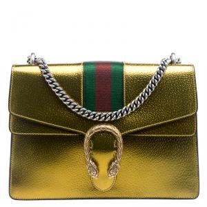 Pre Owned Gucci Gold Leather Medium Dionysus Web Shoulder Bag