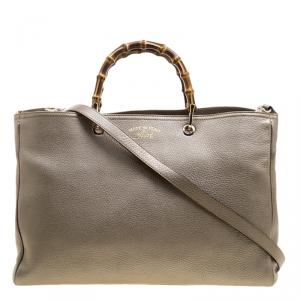 Pre Owned Gucci Metallic Beige Leather Large Bamboo Shopper Top Handle Tote Bag