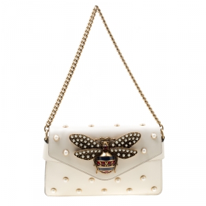 Pre Owned Gucci Off White Leather Mini Pearl Embellished Broadway Shoulder Bag