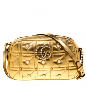 مملوكة مسبقًا Gucci Gold Leather Small Studs and Pearl Embellished GG Marmont Shoulder Bag