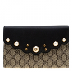 Gucci Beige/Black Pearl Studded GG Canvas and Leather Peony Clutch