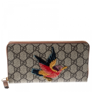 Gucci Beige GG Supreme Coated Canvas Bird Zip Around Wallet