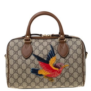 Pre Owned Gucci Beige/Brown GG Supreme Canvas Limited Edition Bird Boston Bag
