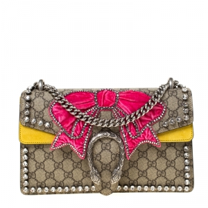Pre Owned Gucci Beige GG Supreme Canvas and Suede Small Dionysus Embroidered Crystal Bow Shoulder Bag