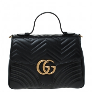 Pre Owned Gucci Black Leather Medium GG Marmont Top Handle Bag