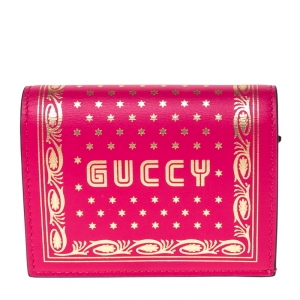 Gucci Pink/Gold Guccy Logo Leather Bifold Compact Wallet