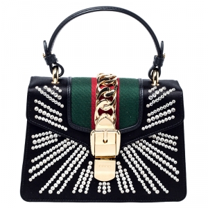 Gucci Black Crystal Embellished Satin and Leather Mini Web Chain Sylvie Top Handle Bag