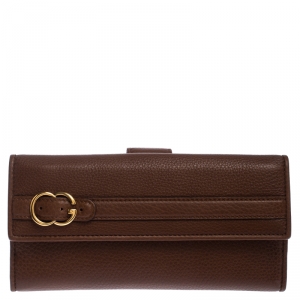 Gucci Brown Leather GG Buckle Continental Flap Wallet
