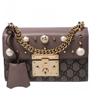 Pre Owned Gucci Nude Leather and GG Supreme Monogram Canvas Small Studded Padlock Shoulder Bag